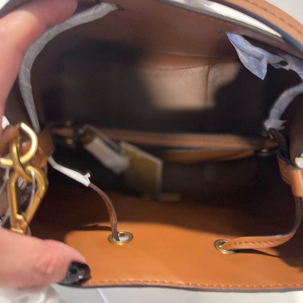 Michael Kors Brown and Tan Striped Leather Drawstring Bucket Bag - Picture 4 of 7
